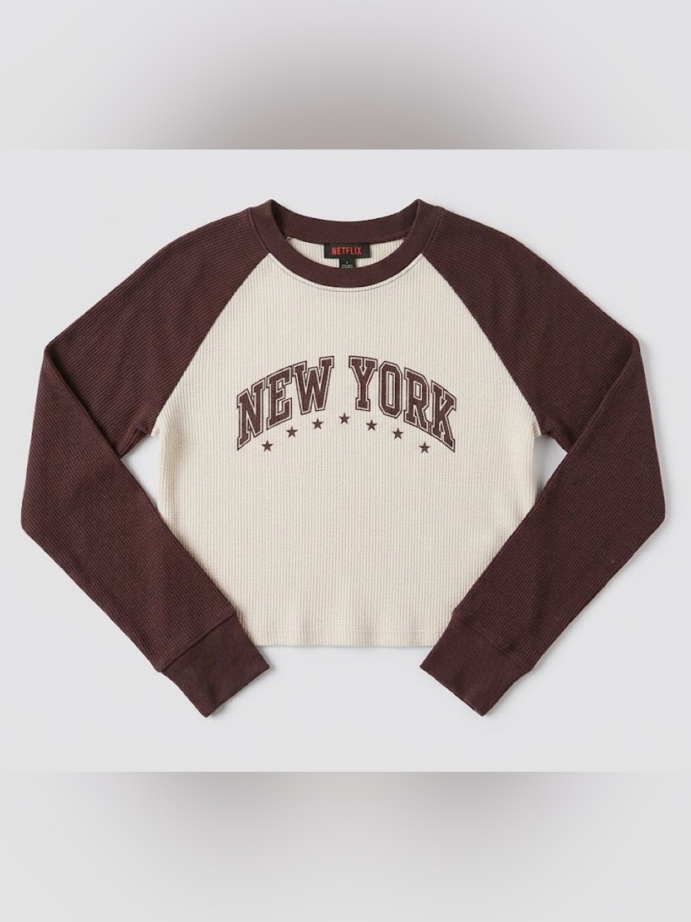 Forever 21 Cream & Brown Waffle Raglan 'New York' Long Sleeve Tee